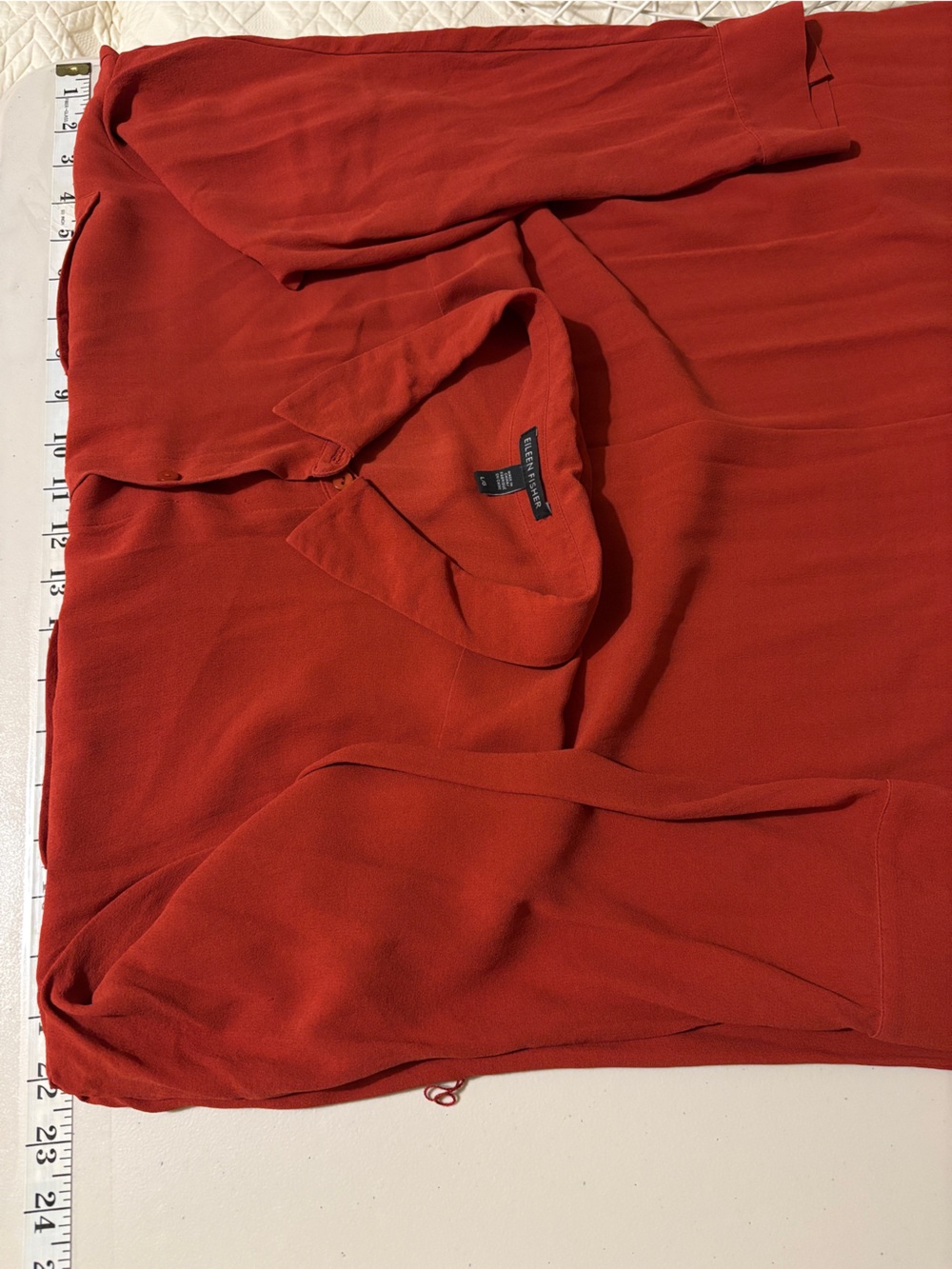 Eileen Fisher Silk Shirt Dress Brick Red Size Large Long Sleeve Classic Collar - Picture 11 of 11